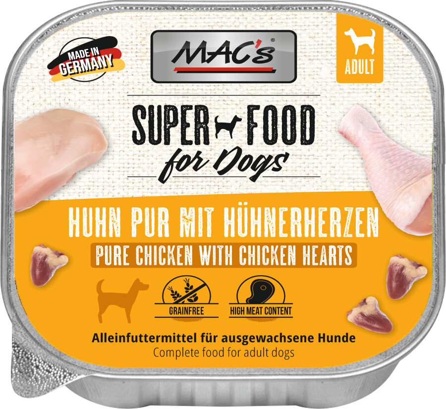 MAC's Dog Schale Huhn pur mit Hühnerherzen 150g MAC's Dog Schale Huhn pur mit Hühnerherzen 150g
