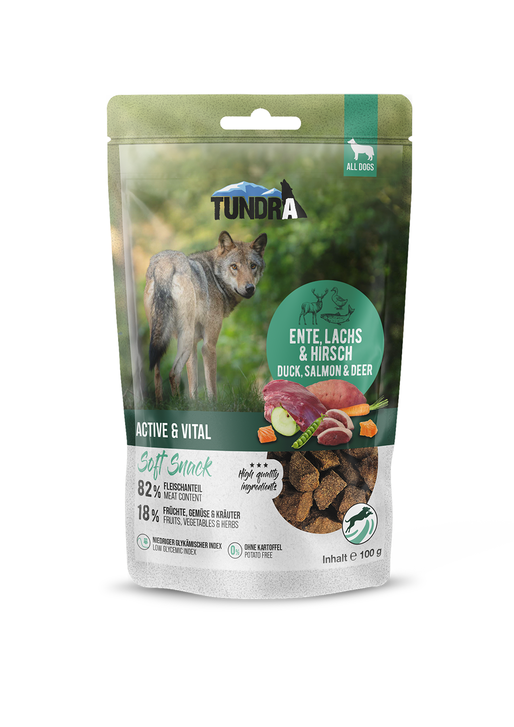 Tundra Dog Snack Active & V. Ente,Lachs,Wild 100g