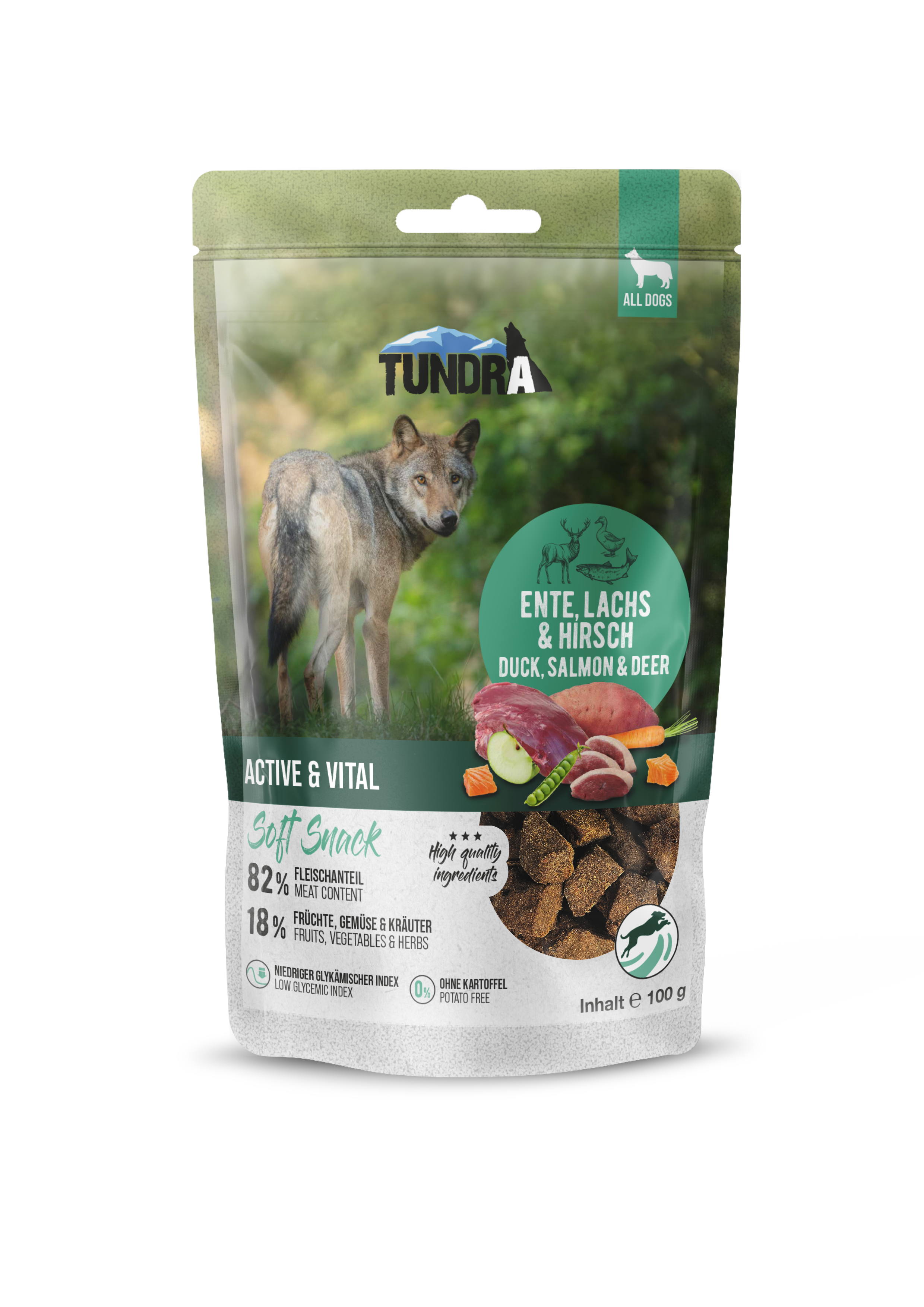 Tundra Dog Snack Active & V. Ente,Lachs,Wild 100g