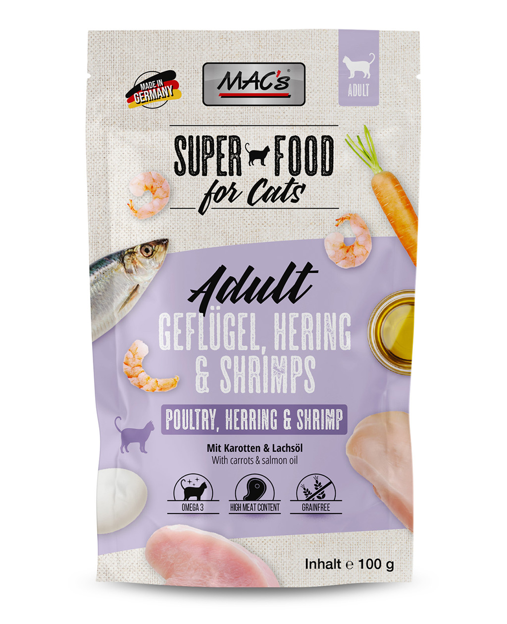 MAC's Cat Pouchpack Gefl., Hering, Shrimps 100g MAC's Cat Pouchpack Gefl., Hering, Shrimps 100g