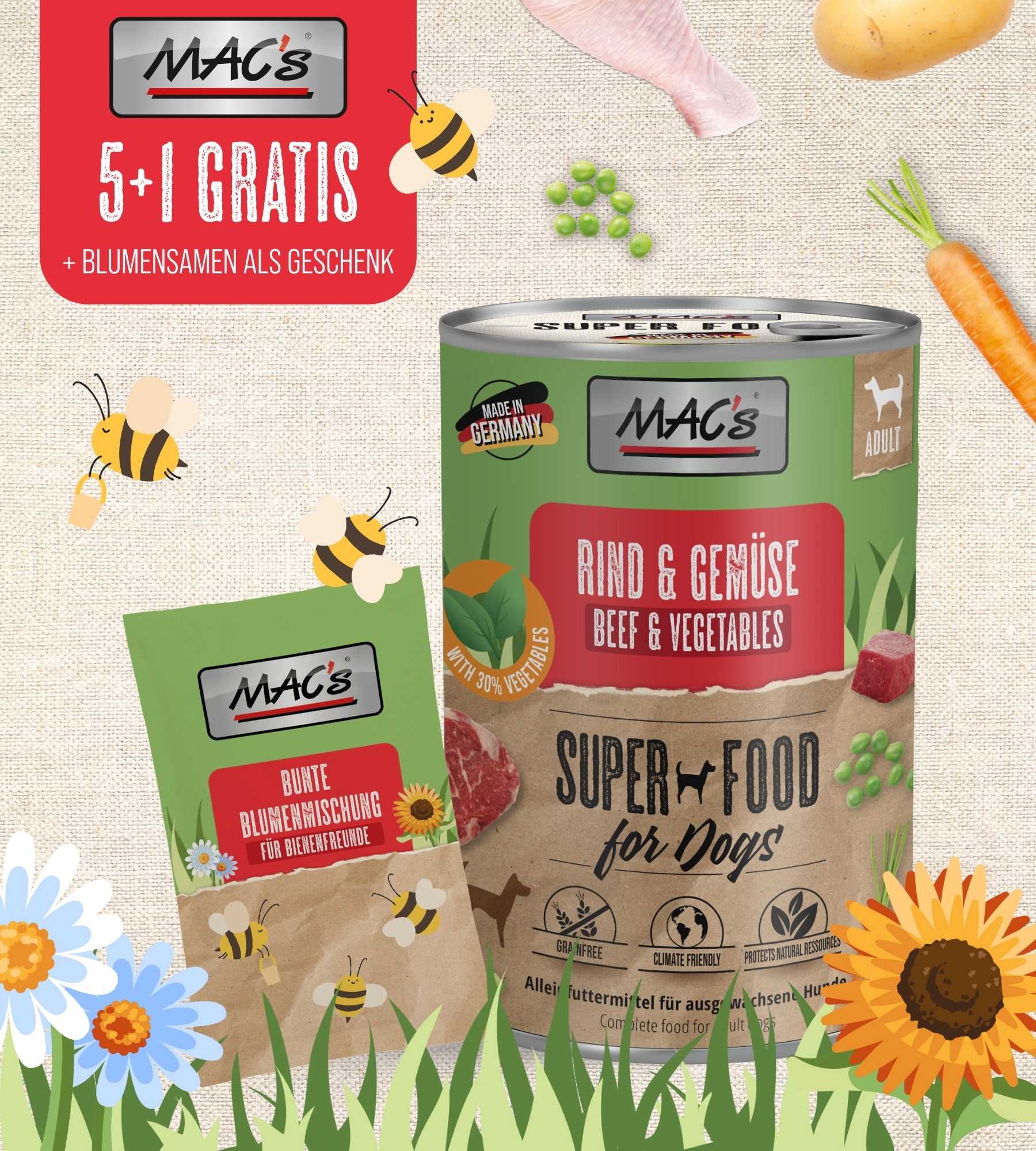 MAC's Dog Rind & Gemüse 400g Tray 5+1+Blumensamen