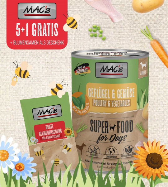 MACs Dog Geflügel & Gemüse 400g Tray 5+1+Blumens.